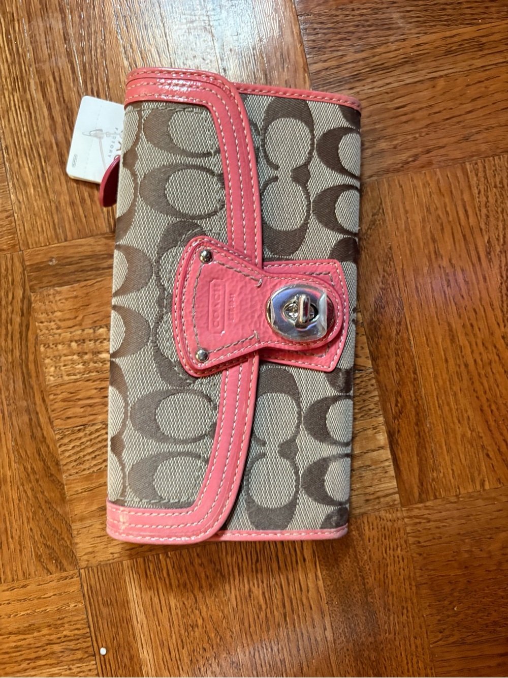 Coach Brown Signature Canvas Wallet with Pink Leather Trim